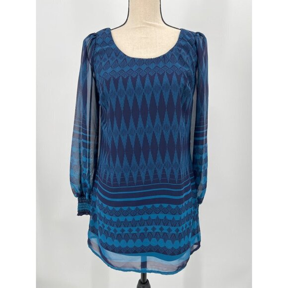 Love, Fire Shift Dress Size XS Sheer Overlay Lined Back Zipper Jewel Blue - Picture 11 of 12